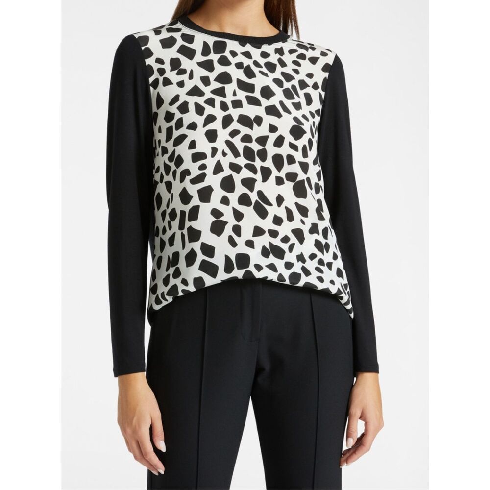 ELENA MIRO Dual-fabric Blouse with Printed Silk Black White Women’s Size Large